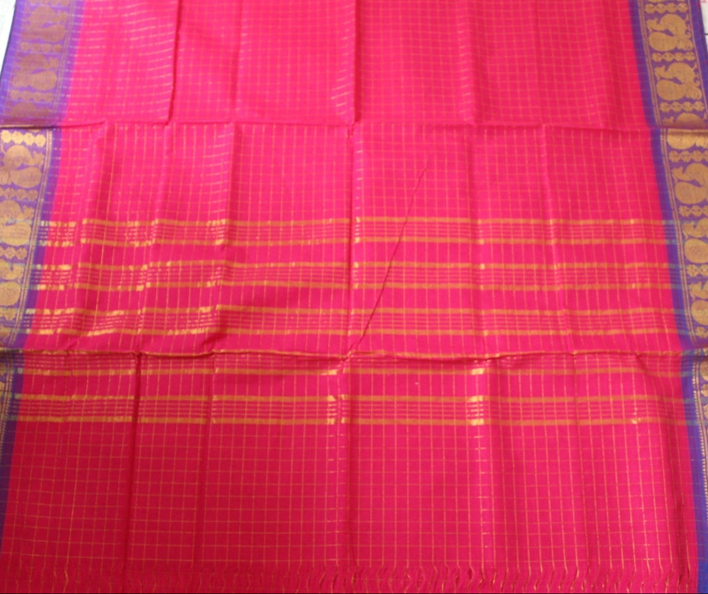 Madhavi - Dark Pink Zari Checks Mayuri Border Pure Cotton Saree