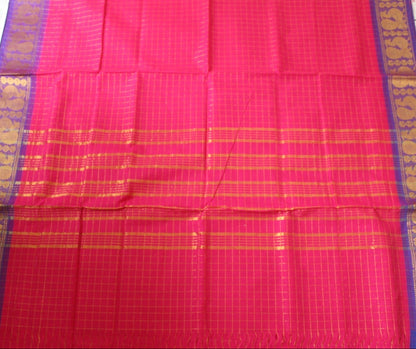 Madhavi - Dark Pink Zari Checks Mayuri Border Pure Cotton Saree