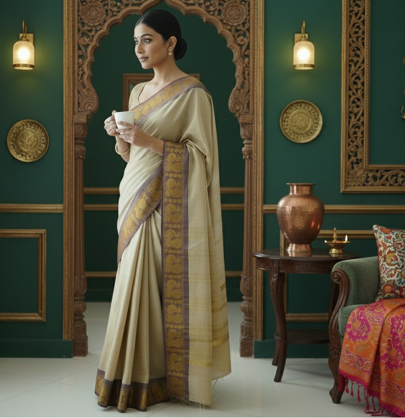 ILA - Beige Zari Checks Pure Cotton Saree