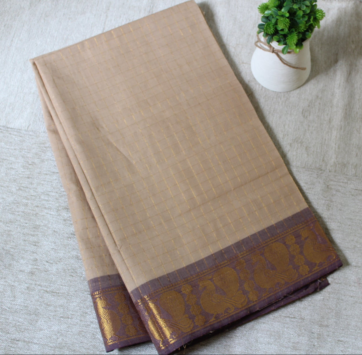ILA - Beige Zari Checks Pure Cotton Saree