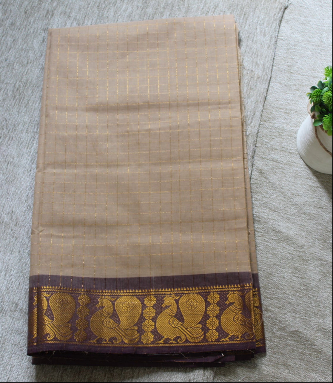 ILA - Beige Zari Checks Pure Cotton Saree