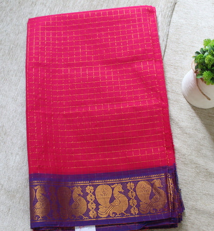 Madhavi - Dark Pink Zari Checks Mayuri Border Pure Cotton Saree