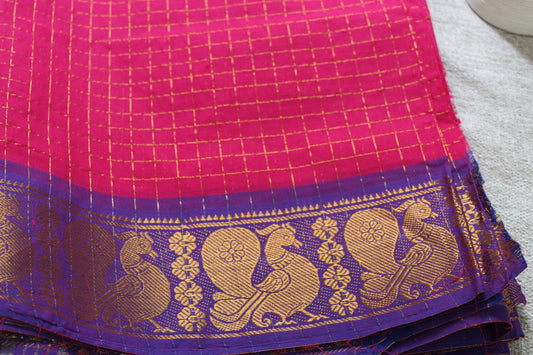 Madhavi - Dark Pink Zari Checks Mayuri Border Pure Cotton Saree