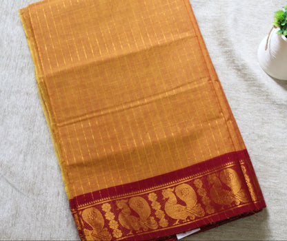 Aarohi - Mustard Yellow Zari Checks Mayuri Border Pure Cotton Saree