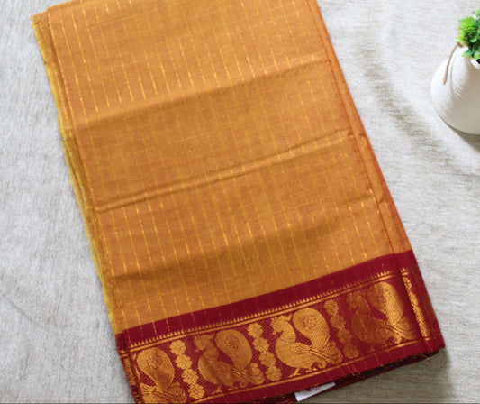Aarohi - Mustard Yellow Zari Checks Mayuri Border Pure Cotton Saree