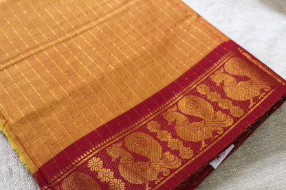 Aarohi - Mustard Yellow Zari Checks Mayuri Border Pure Cotton Saree