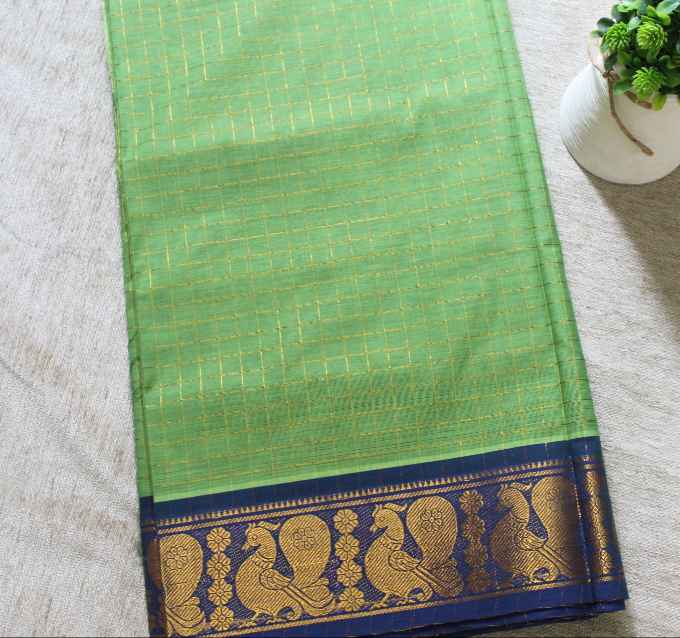 Kanan - Green Zari Checks Mayuri Border Pure Cotton Saree