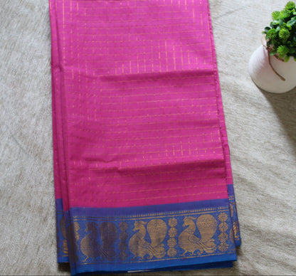 Anvi - Pink Zari Checks Mayuri Border Pure Cotton Saree