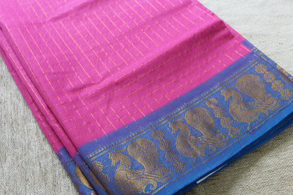 Anvi - Pink Zari Checks Mayuri Border Pure Cotton Saree