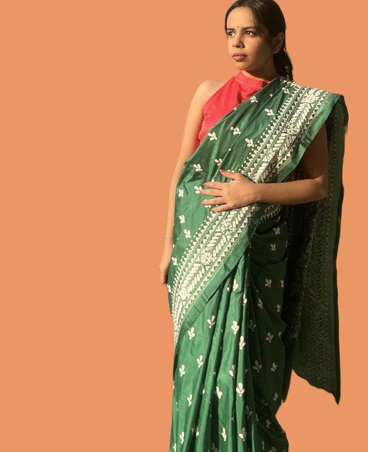 Green Kantha Embroidered Saree