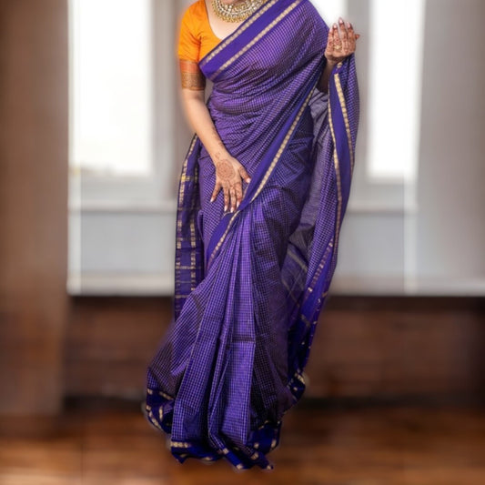 AABHA - Purple Checkered Cotton Saree