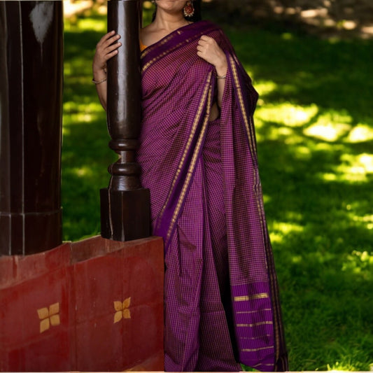 BELA - Wine Checkered Cotton Saree