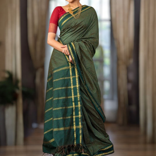 ANA - Dark Green Checkered Cotton Saree