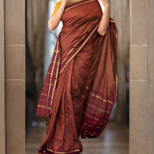 LAKSHMI - Maroon Checkered Cotton Saree