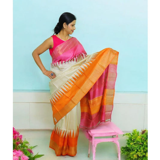 OFF White Tussar Silk Saree ( Pink - Orange)