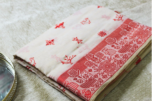 Gaura - Lal Sada Kantha Tussar Cotton Silk Saree