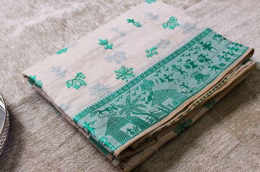 Kadambari - Off White Aqua Green Kantha Tussar Cotton Silk Saree