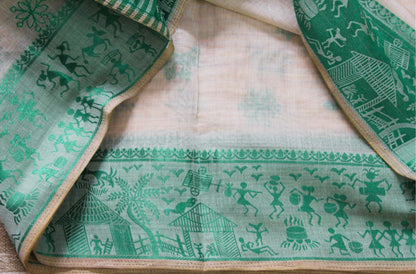 Kadambari - Off White Aqua Green Kantha Tussar Cotton Silk Saree