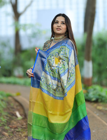 Yellow Pure Tussar Silk Saree with Prints