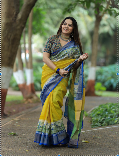 Yellow Pure Tussar Silk Saree with Prints