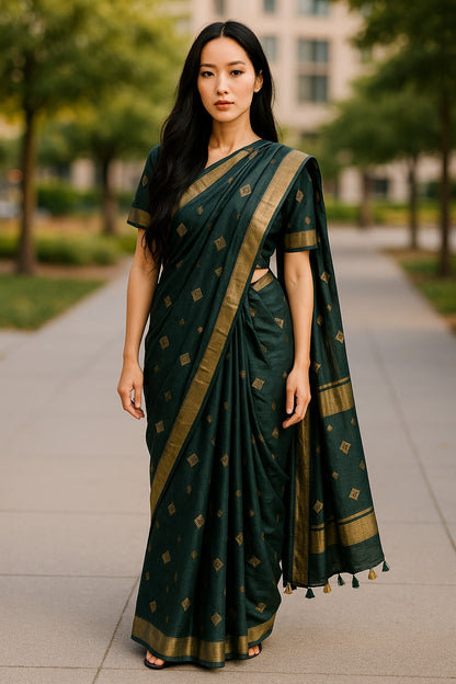 Bottle Green Cotton Silk Zari Buta Saree