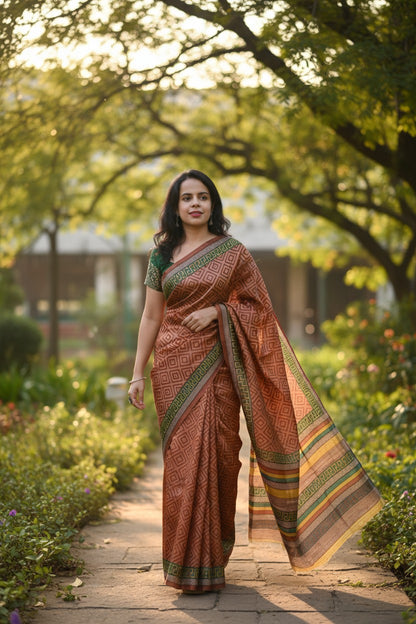 Brown Printed Tussar Silk Saree
