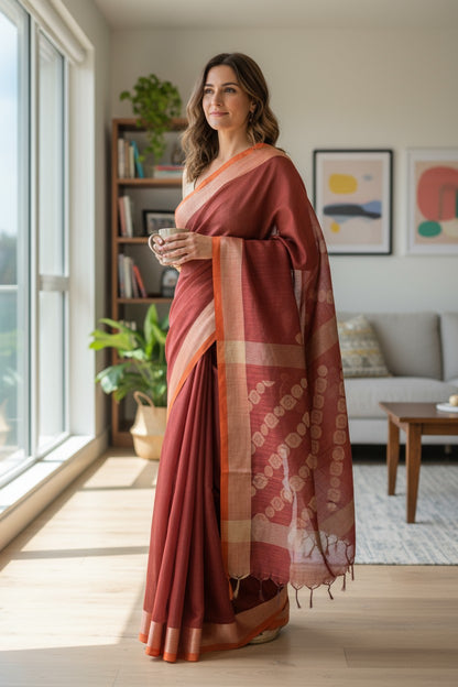 Rust Plain Cotton Silk Saree