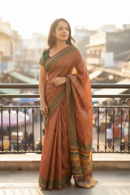 Brown Printed Tussar Silk Saree