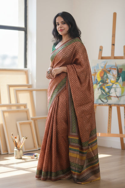 Brown Printed Tussar Silk Saree