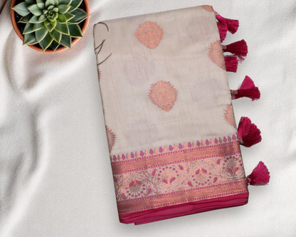 Beige Semi Tussar Silk Saree with Magenta Border