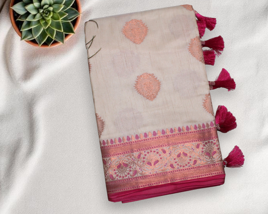 Beige Semi Tussar Silk Saree with Magenta Border