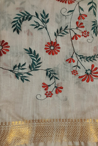 Off White Linen Silk Embroidered Saree