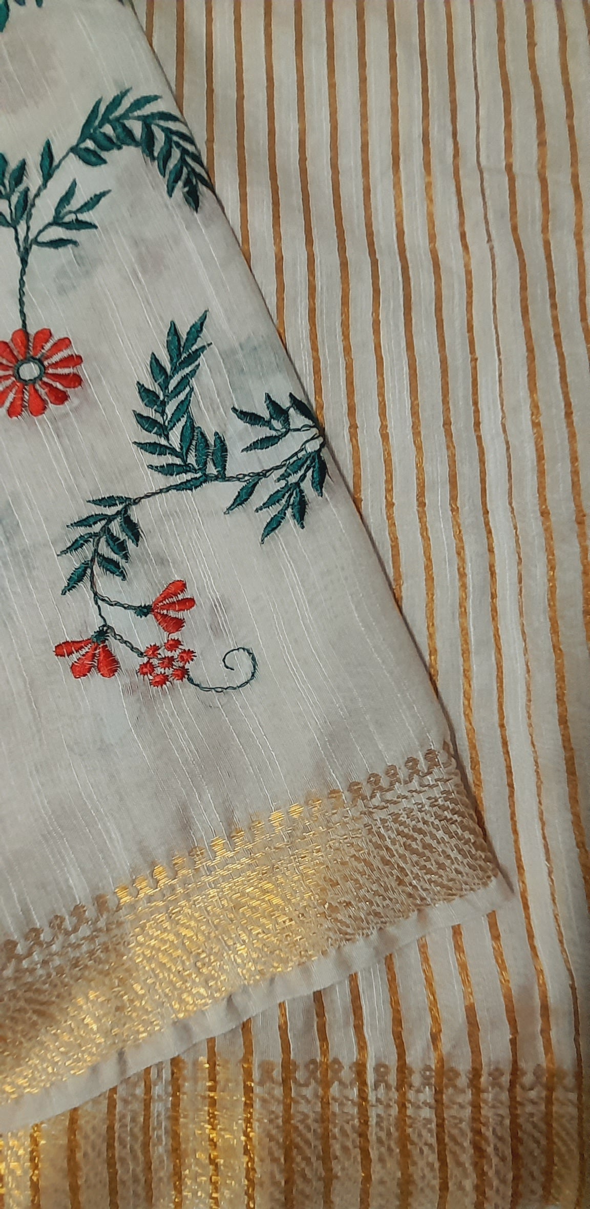 Off White Linen Silk Embroidered Saree