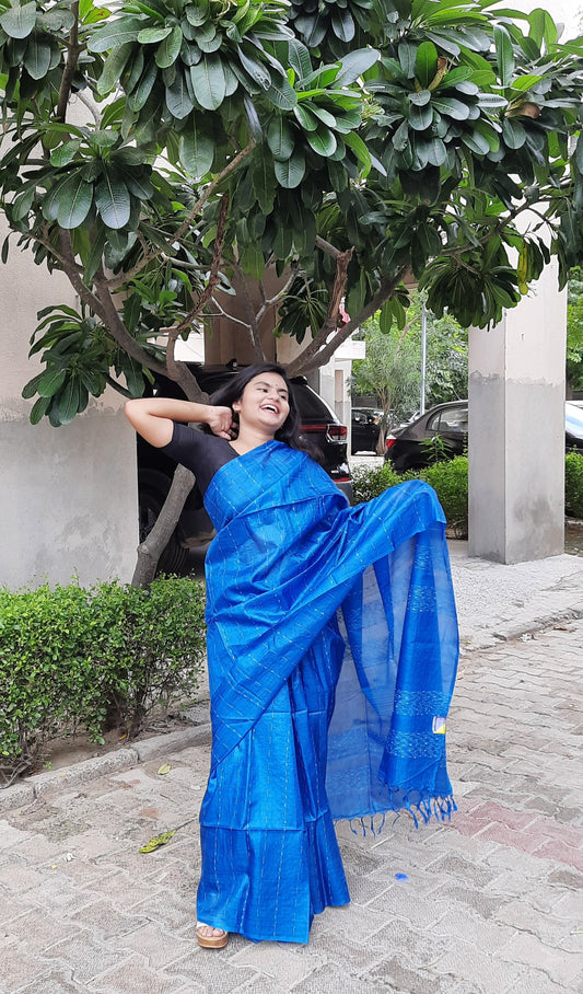 Blue Tussar Silk Saree