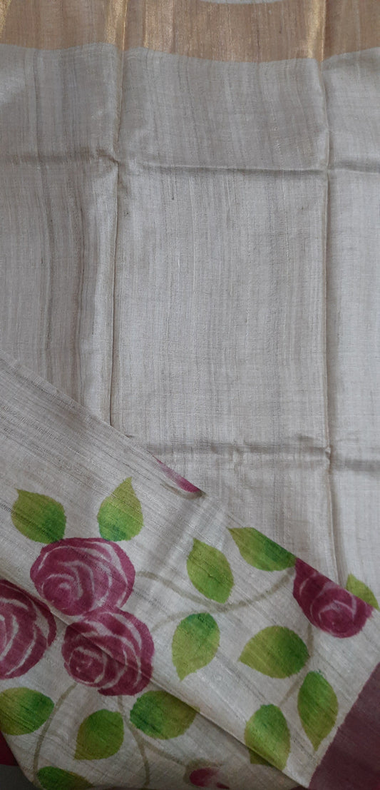 Natural Color Handpainted Tussar Silk Saree