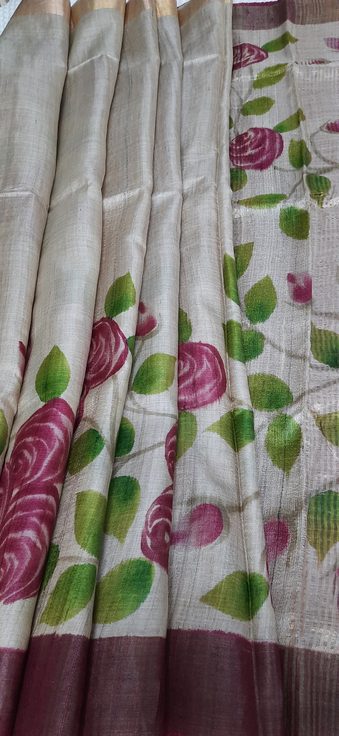 Natural Color Handpainted Tussar Silk Saree