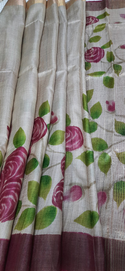 Natural Color Handpainted Tussar Silk Saree