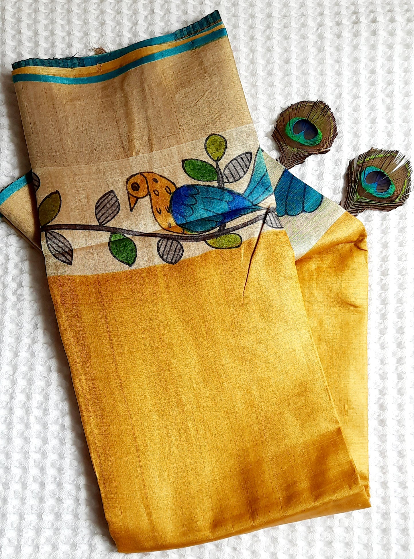 Yellow Kalamkari Hand Painted Tussar Silk Saree