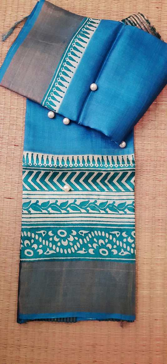 Blue Block Printed Tussar Silk Saree