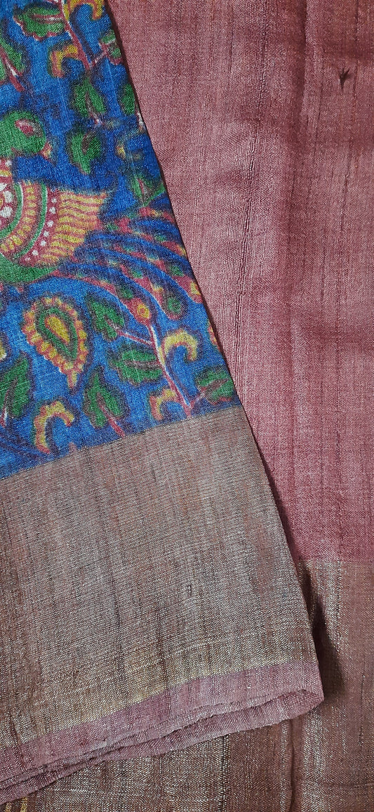 Blue Kalamkari Printed Tussar Silk Saree