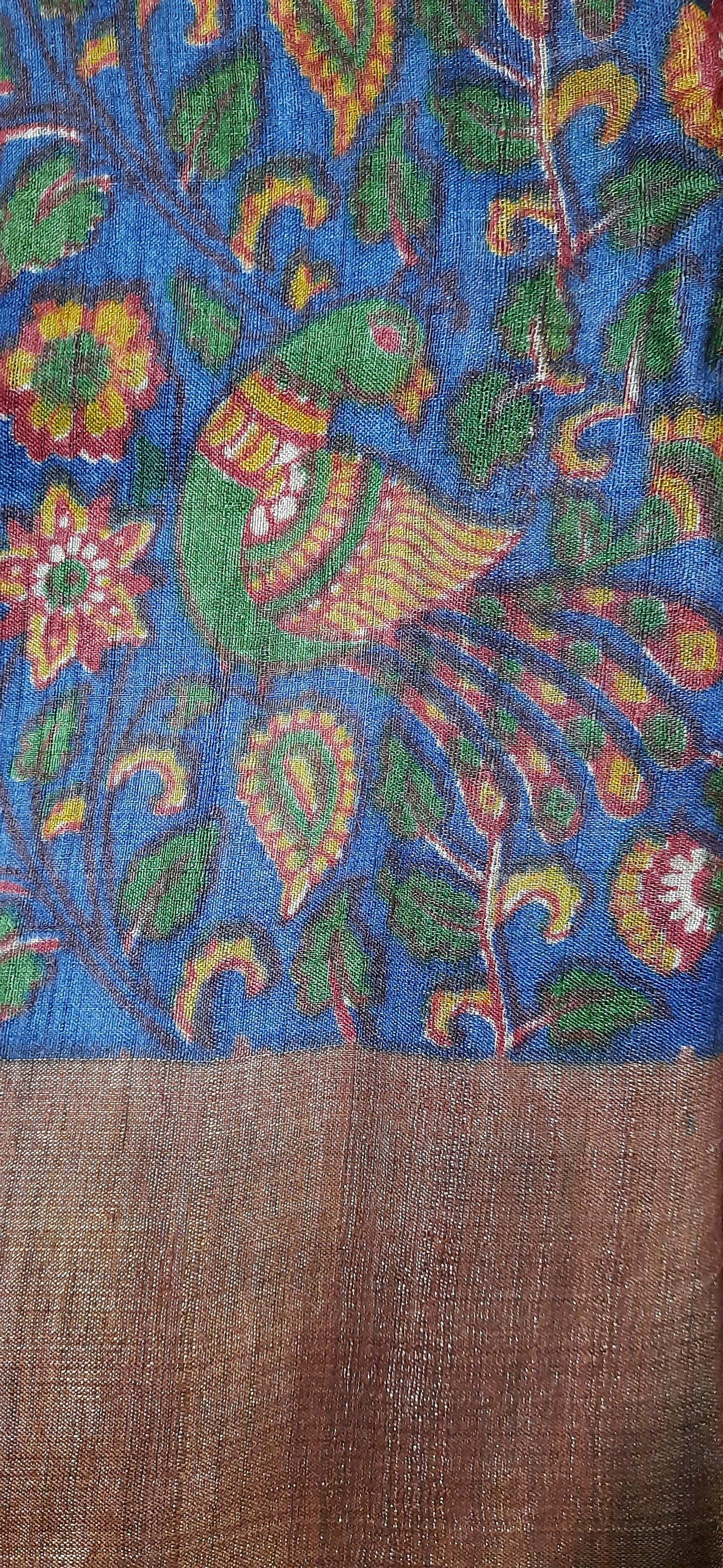 Blue Kalamkari Printed Tussar Silk Saree