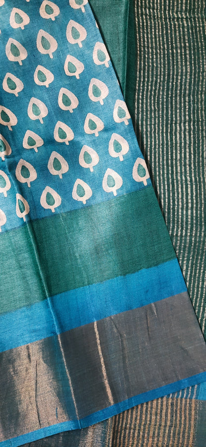 Blue Printed Tussar Silk Saree