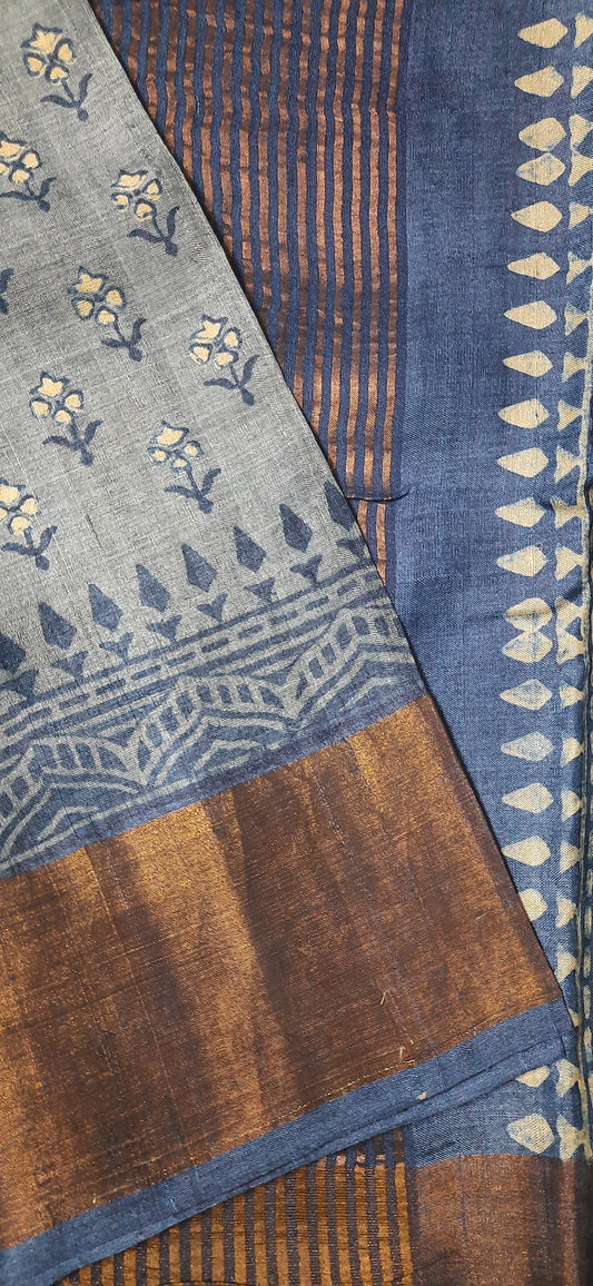 Steel Blue Block Printed Tussar Silk saree