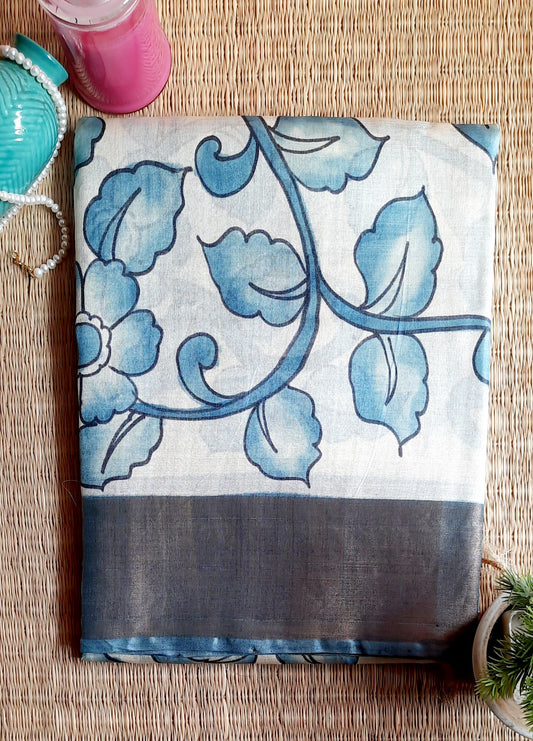 Blue Handpainted Kalamkari Tussar Silk Saree