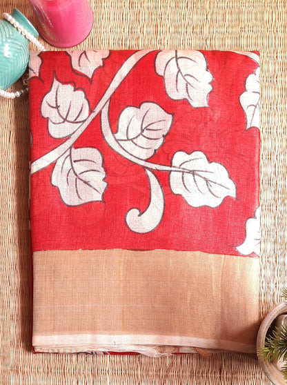 Red Handpainted Kalamkari Tussar Silk Saree