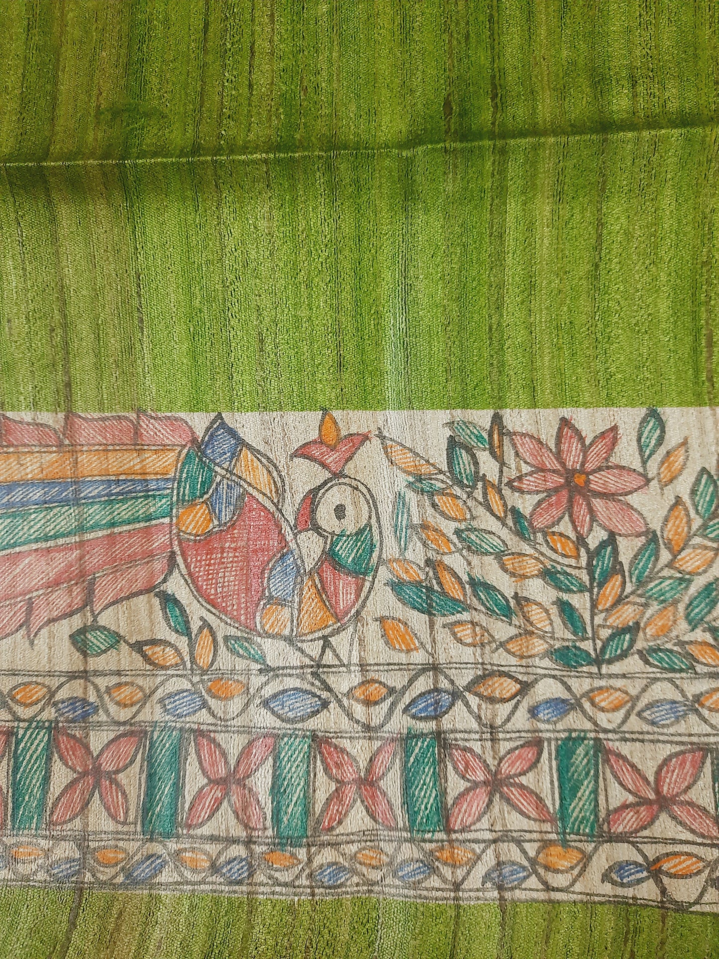 Olive Green Madhubani Handpianted Handloom Tussar Silk Saree