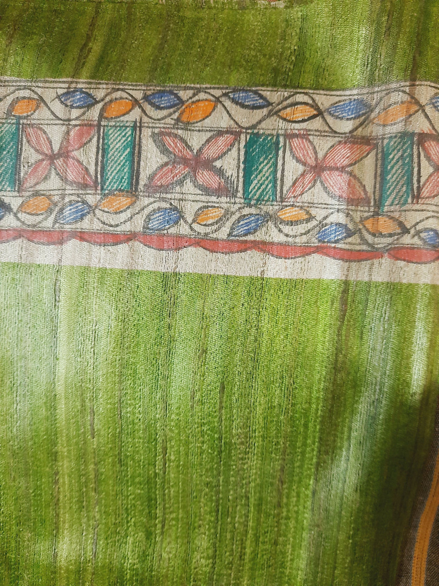 Olive Green Madhubani Handpianted Handloom Tussar Silk Saree