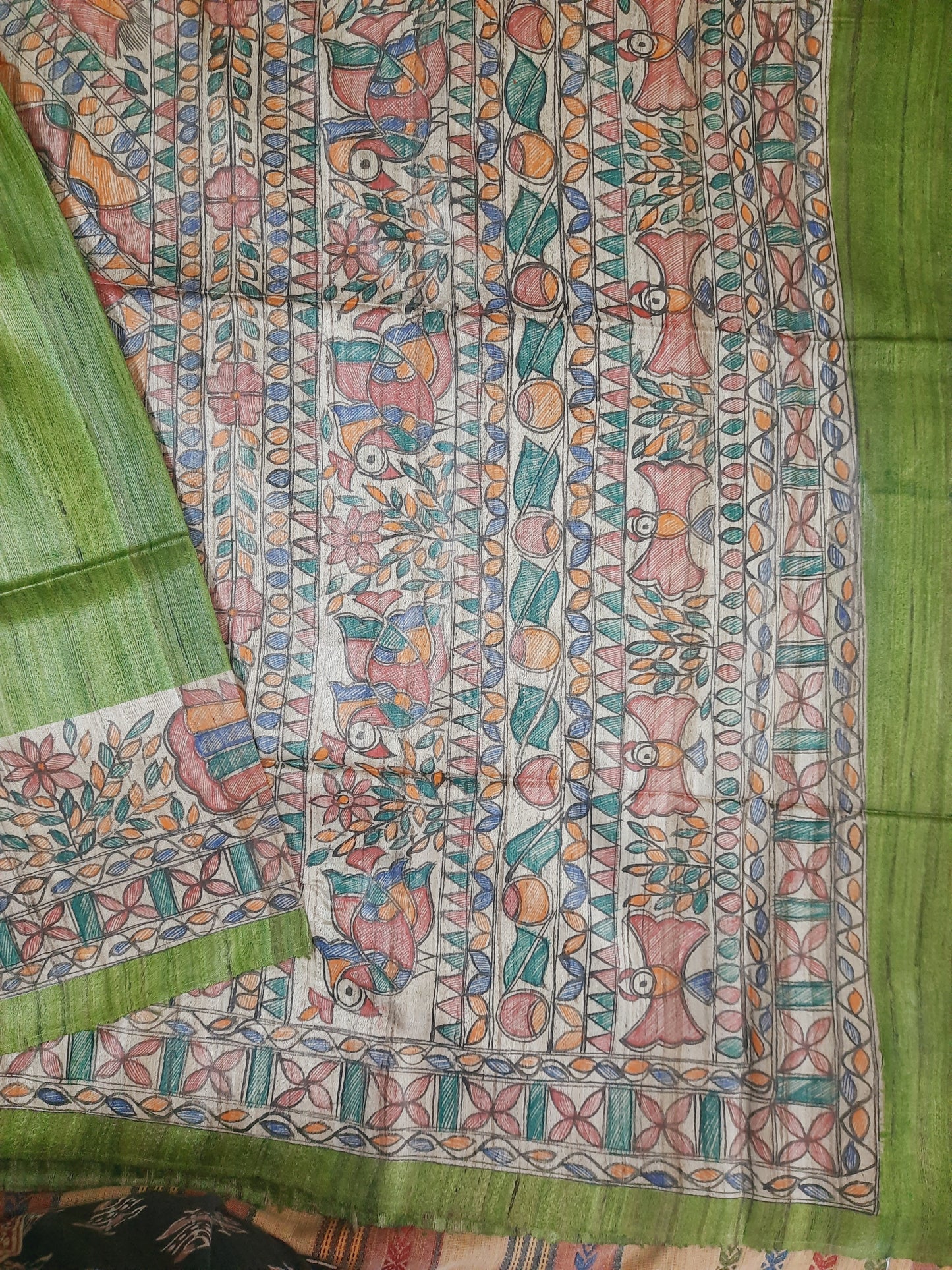 Olive Green Madhubani Handpianted Handloom Tussar Silk Saree