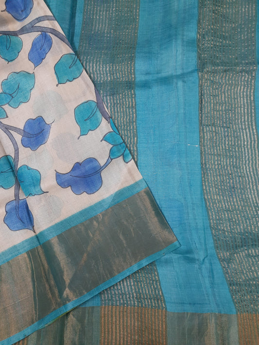 Blue Handpainted Kalamkari Tussar silk Saree