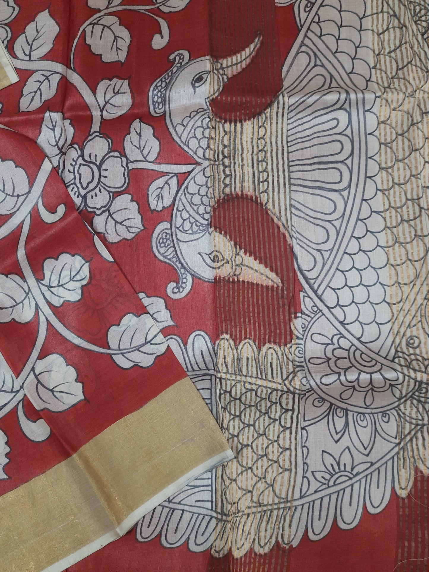 Red Handpainted Kalamkari Tussar Silk Saree